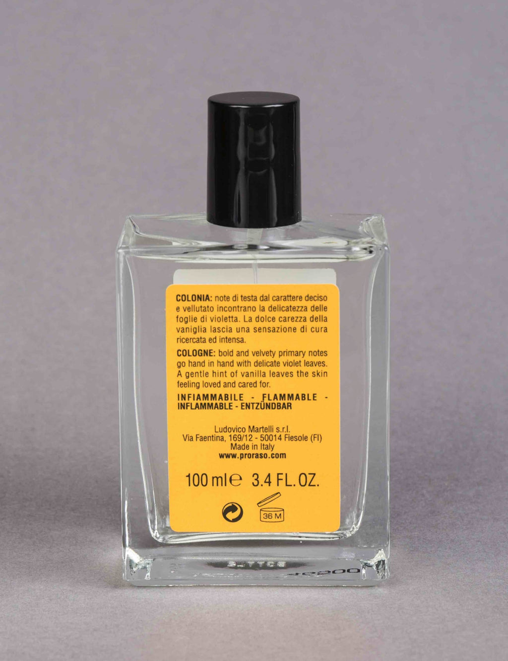 Proraso wood and spice eau de cologne 100 ml bottle with black cap and back label