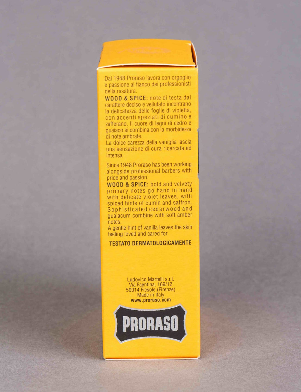 Proraso wood and spice cologne box back with ingredients and testing info