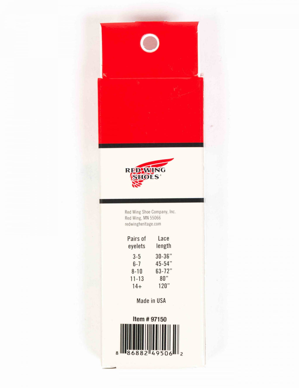 Boot laces package back with size chart and Made in USA