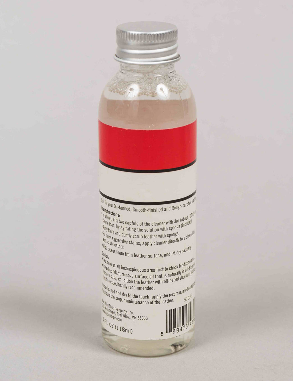 Foam leather cleaner bottle back with instructions panel, Red Wing Shoes.