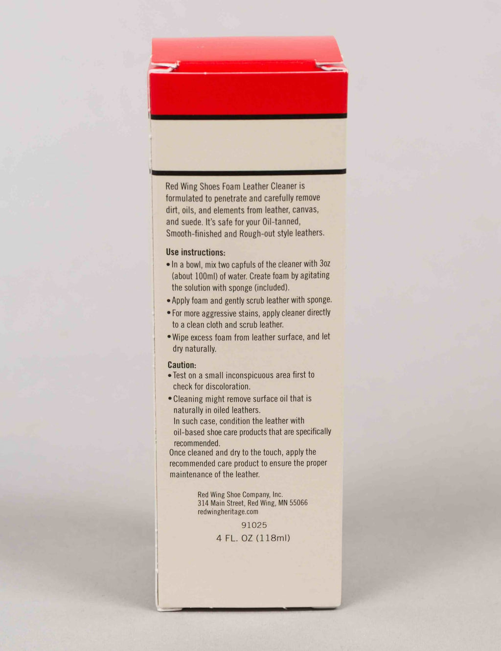Foam leather cleaner box back with usage instructions and Red Wing Shoes.