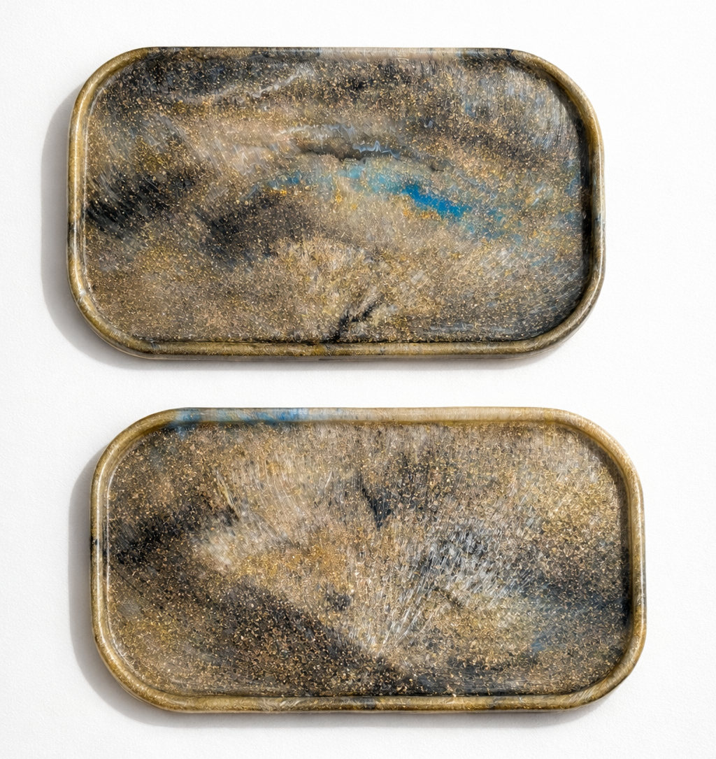 Recycled plastic tray, rectangular with rounded edges, speckled bronze and blue flecks.