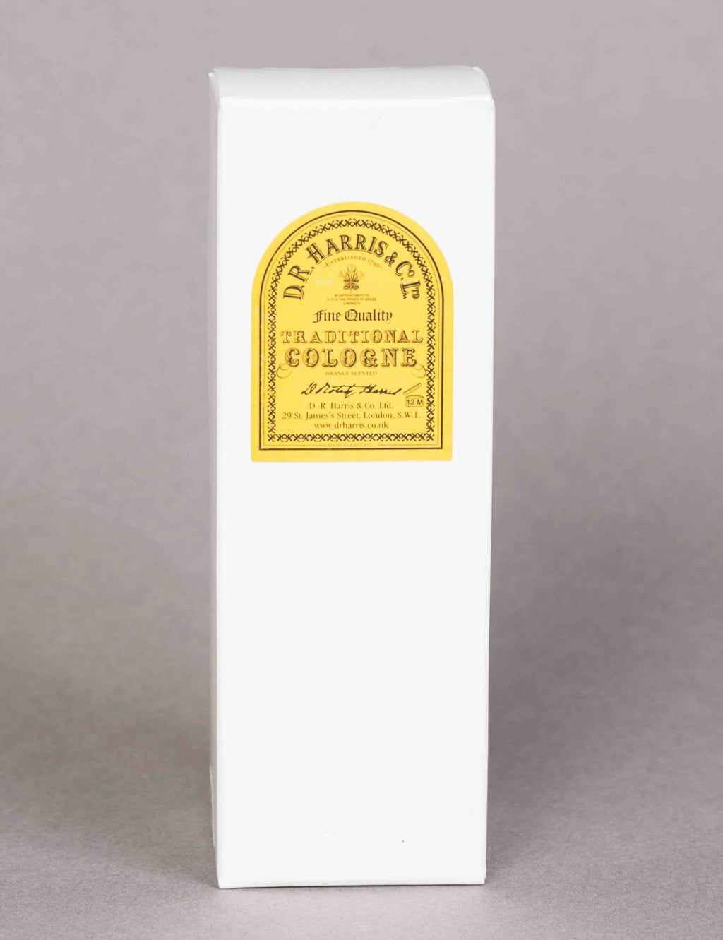 Traditional cologne spray carton, white box with gold label front