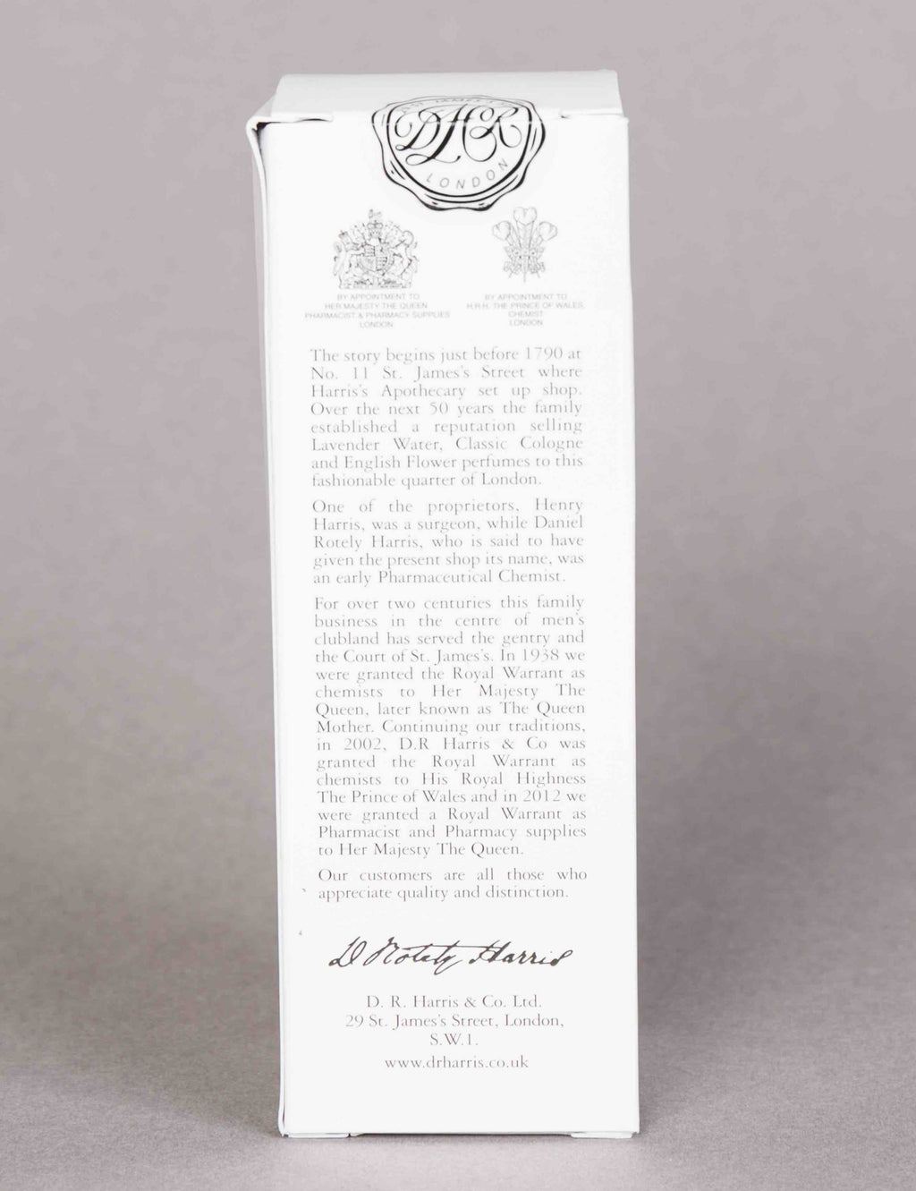 Traditional cologne spray carton with printed back panel and D R Harris logo