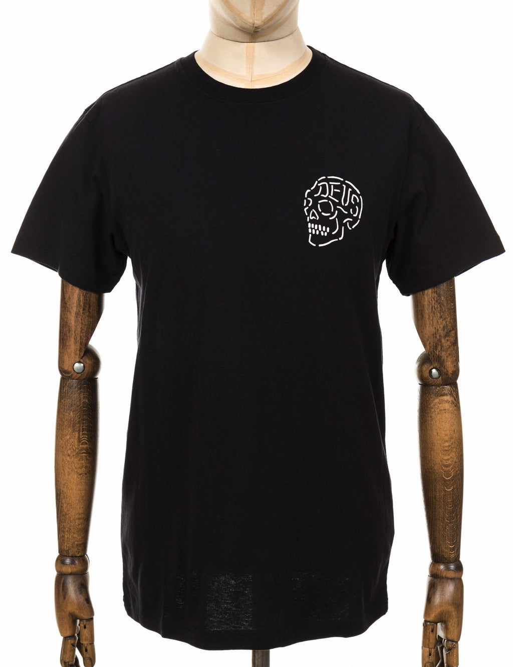 Black crewneck T-shirt with white skull graphic at center chest