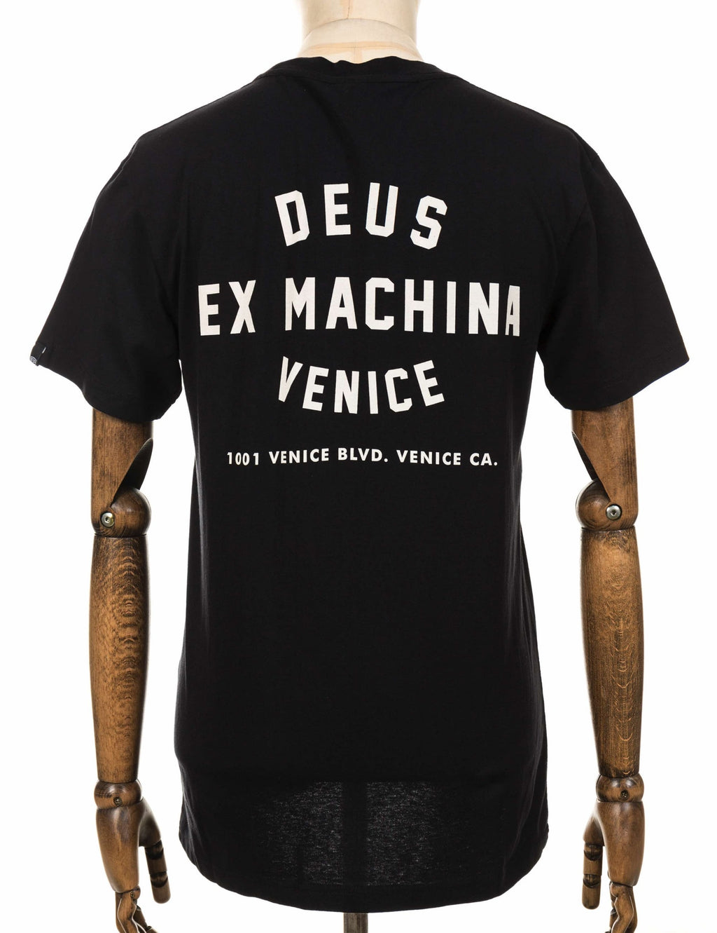 Black crewneck T-shirt with 'DEUS EX MACHINA' and 'VENICE' back print