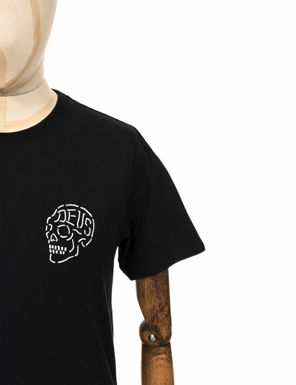 Black crewneck T-shirt with white skull graphic on left chest
