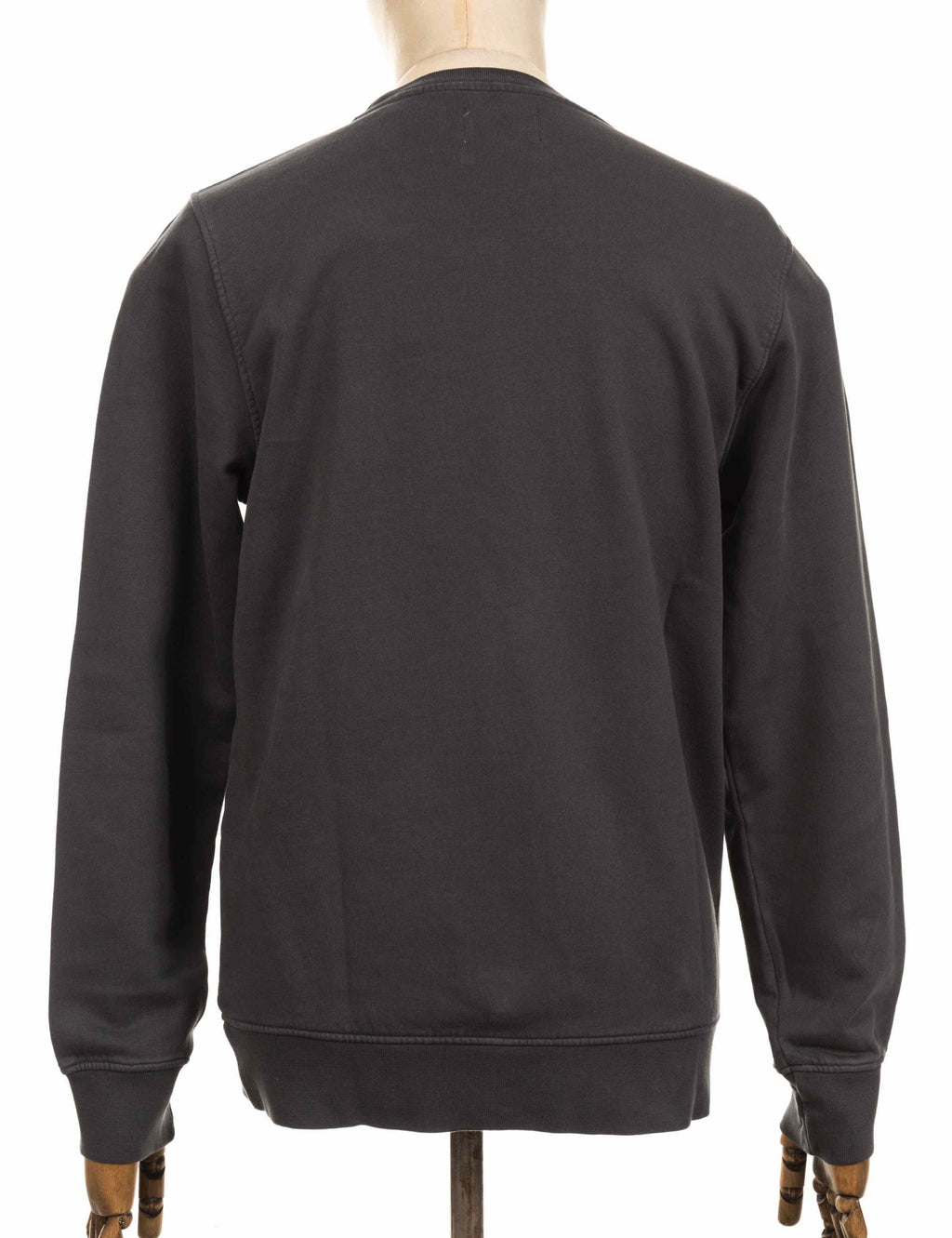 Organic crewneck sweatshirt in dark gray, back view with ribbed hem and cuffs