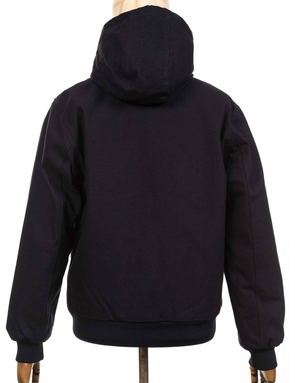 Dark navy hooded jacket, back view with ribbed cuffs and hem