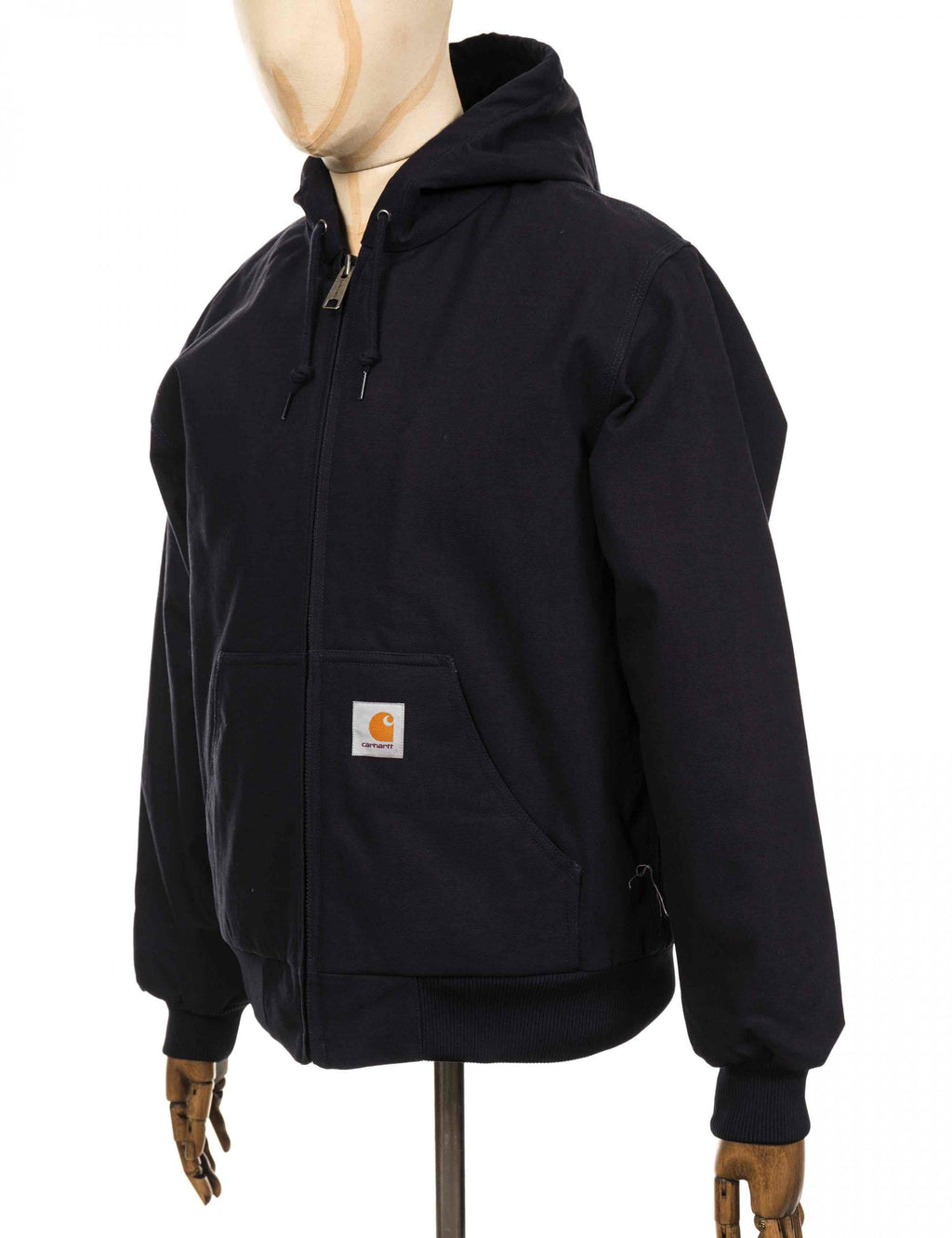 Dark navy zip-up hooded jacket with front pocket and Carhartt patch