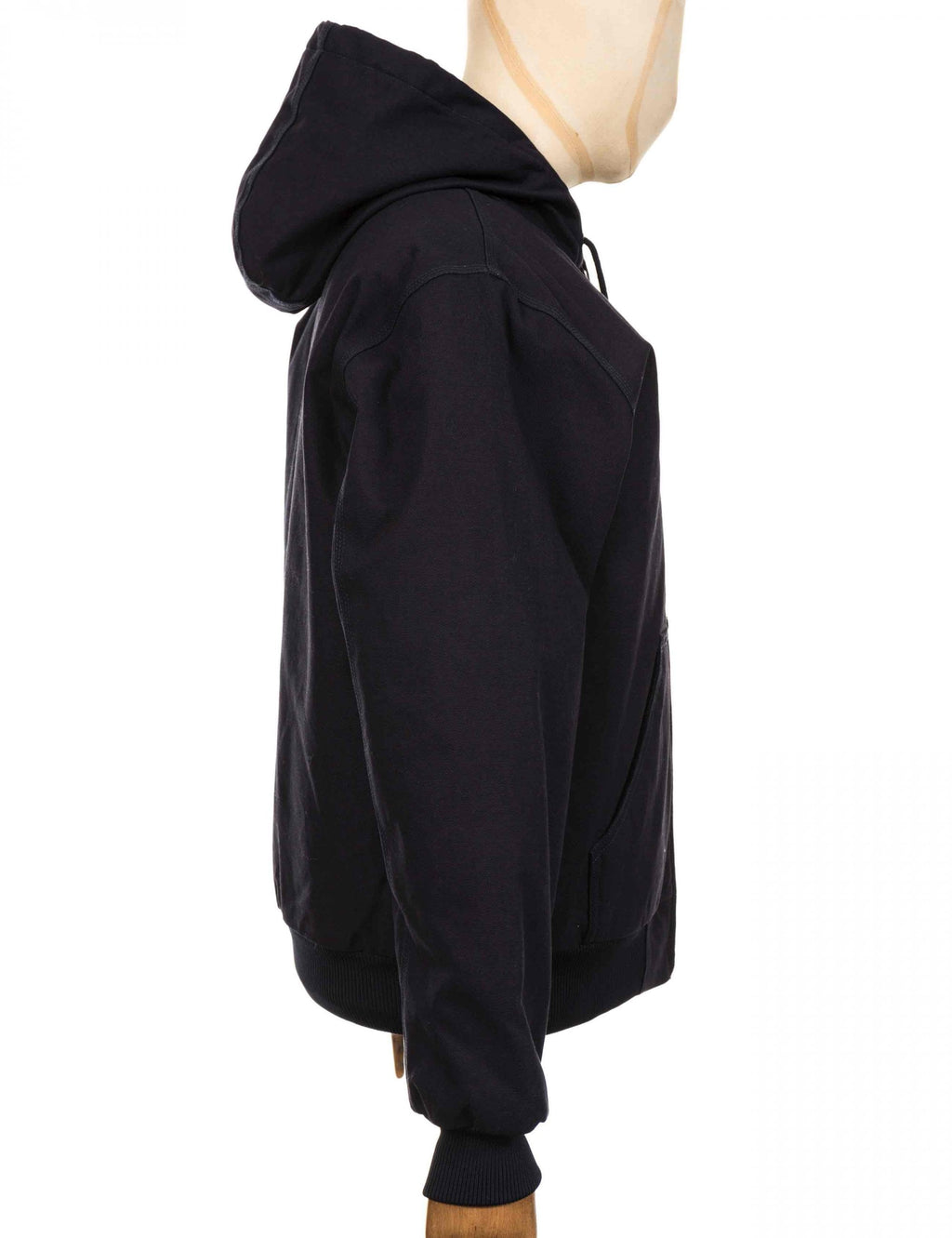 Dark navy hooded jacket side view with ribbed cuffs