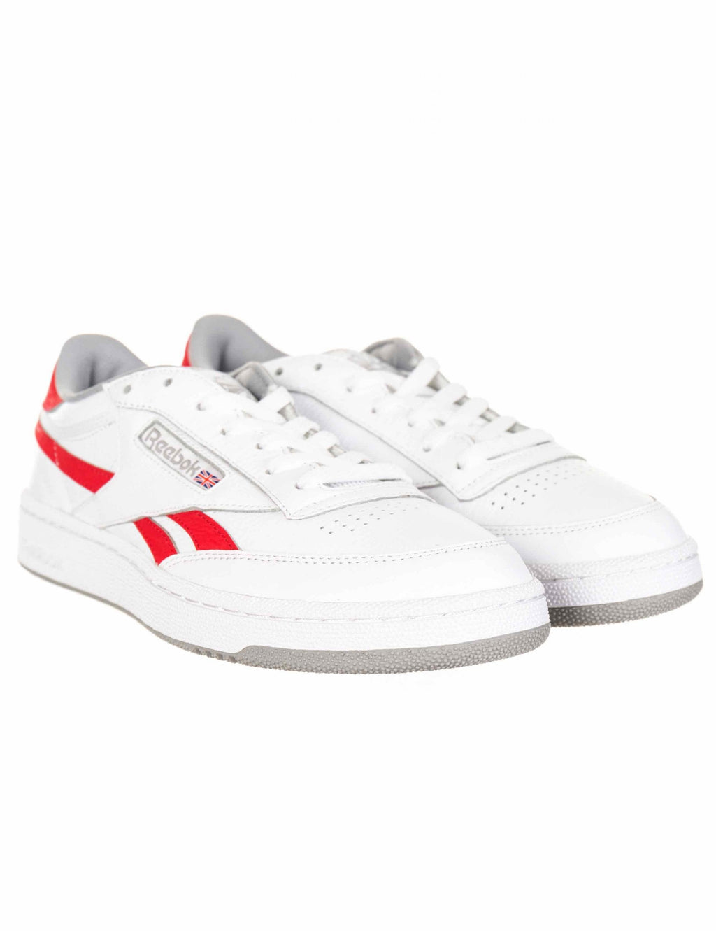 White lace-up trainers with red side stripes and gray padded collar