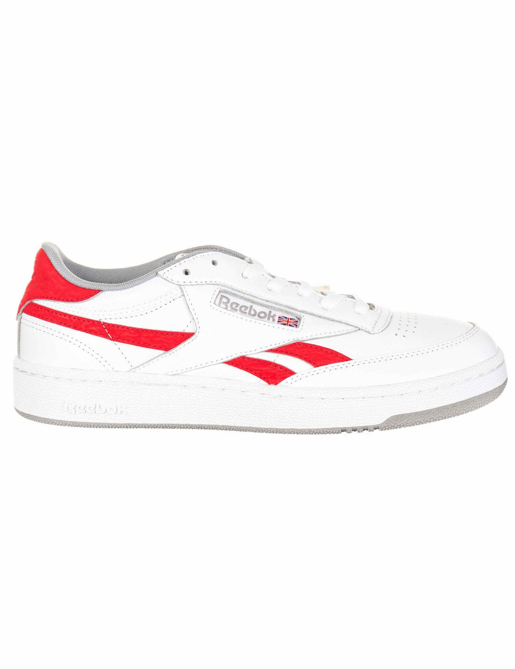 White lace-up trainers with red Reebok logo detail and red side stripe
