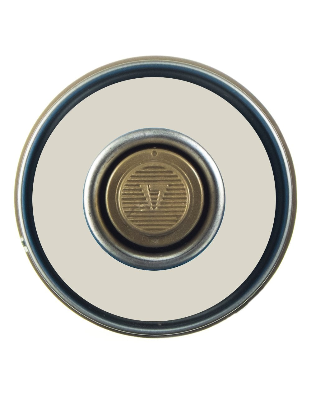 Spray paint can top view with nozzle and rim, gold center and metal ring
