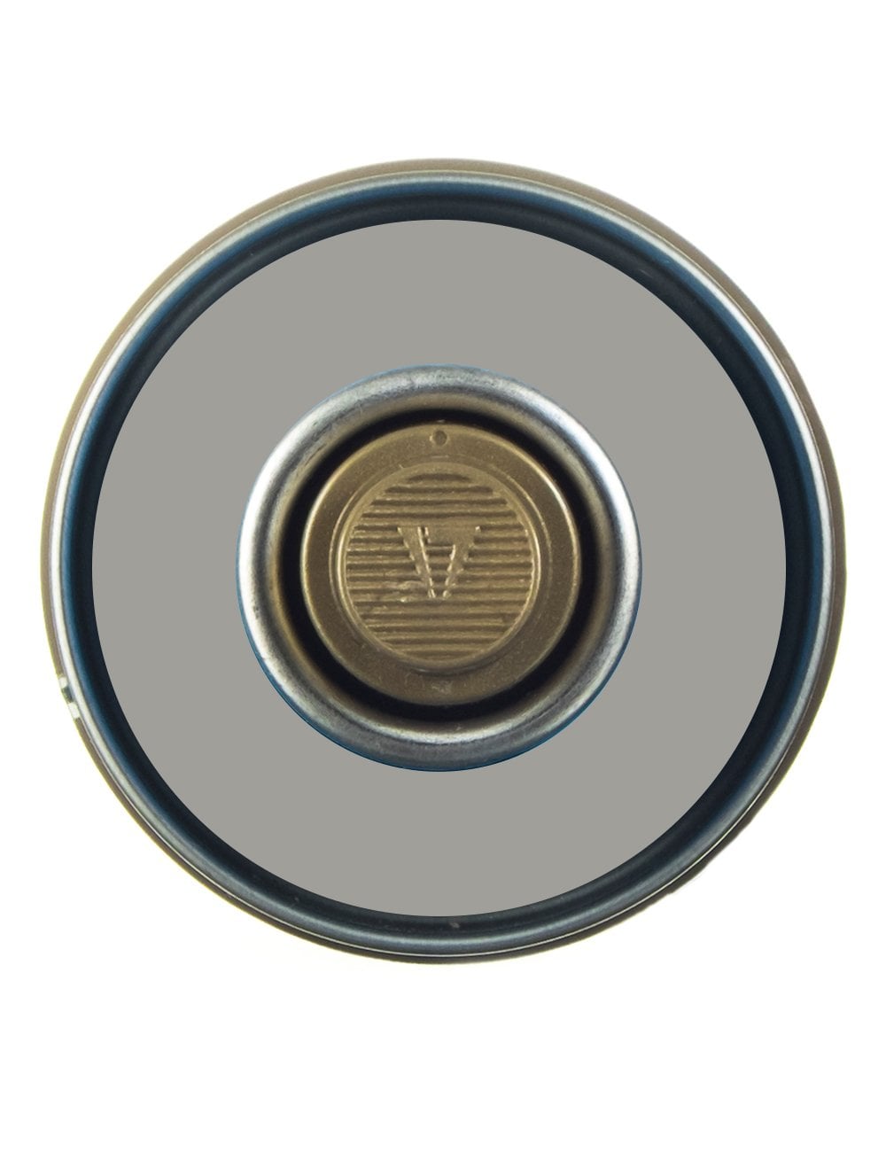 Spray paint nozzle top with circular brass valve and silver rim.