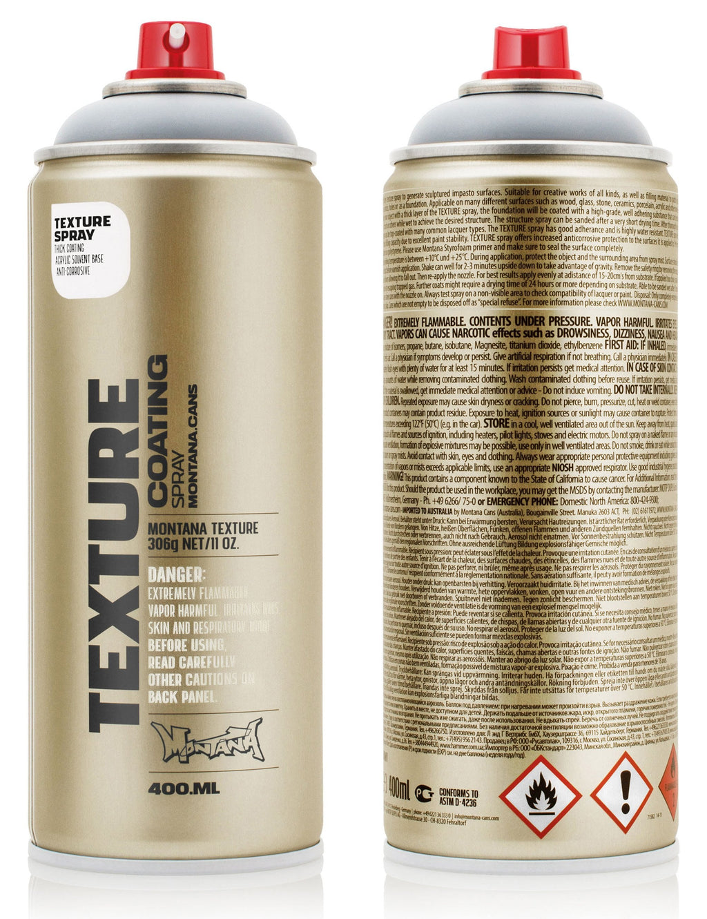 Texture effect spray paint can, grey, 400 mL, red cap, front and back view