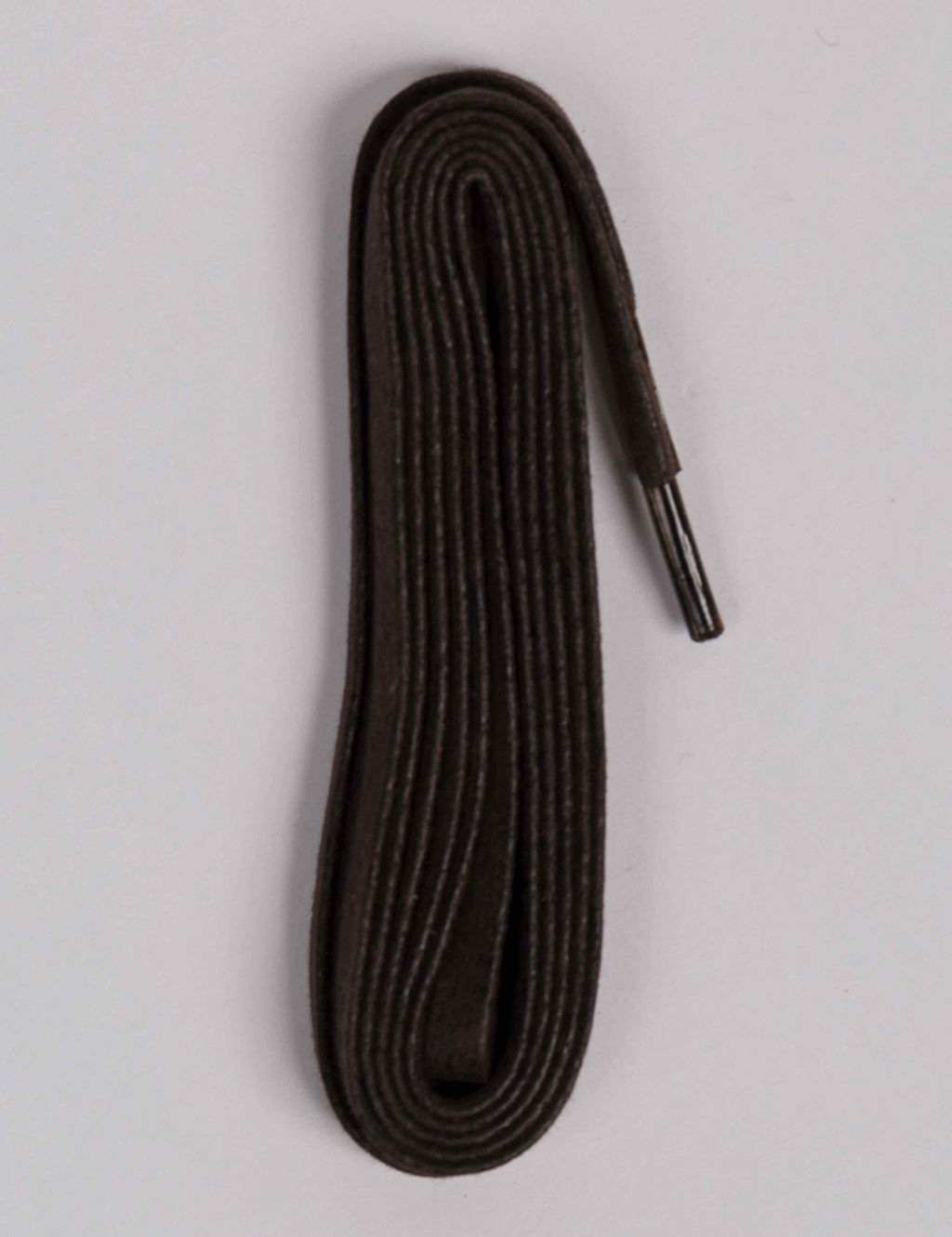 Brown flat waxed boot laces, 48 in, neatly coiled with aglet end