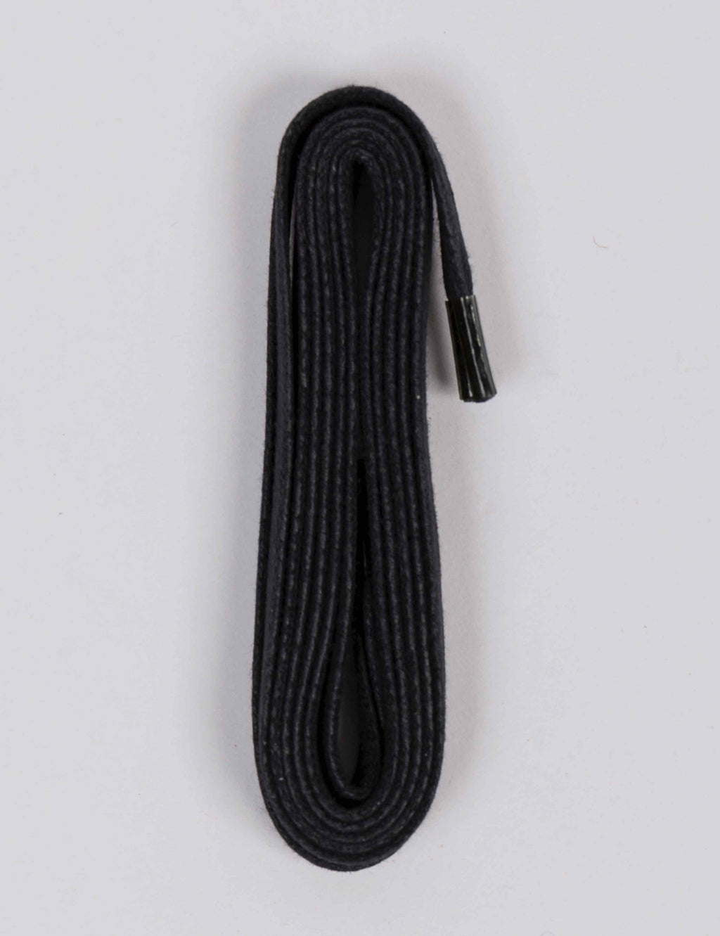 Black flat waxed boot laces, looped with end tab