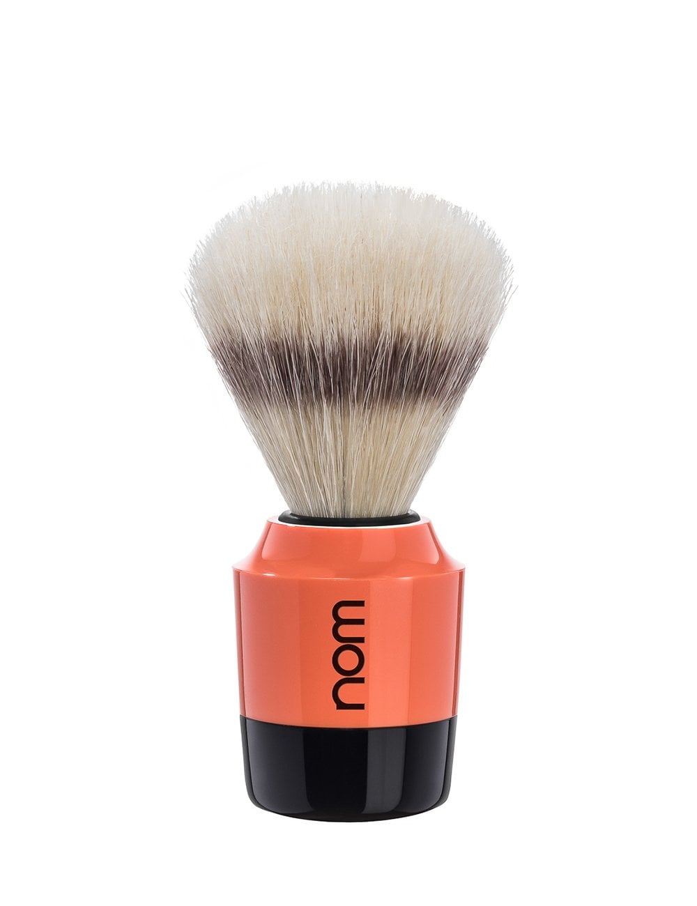 Shaving brush with white boar bristles, coral handle, and black base