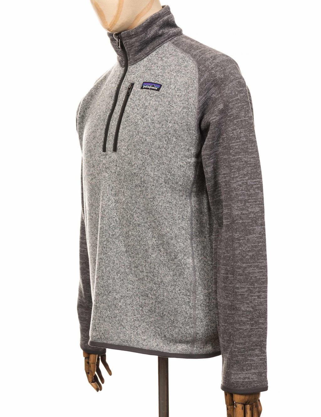 Heather gray 1/4 zip fleece pullover with front zip panel and small logo patch