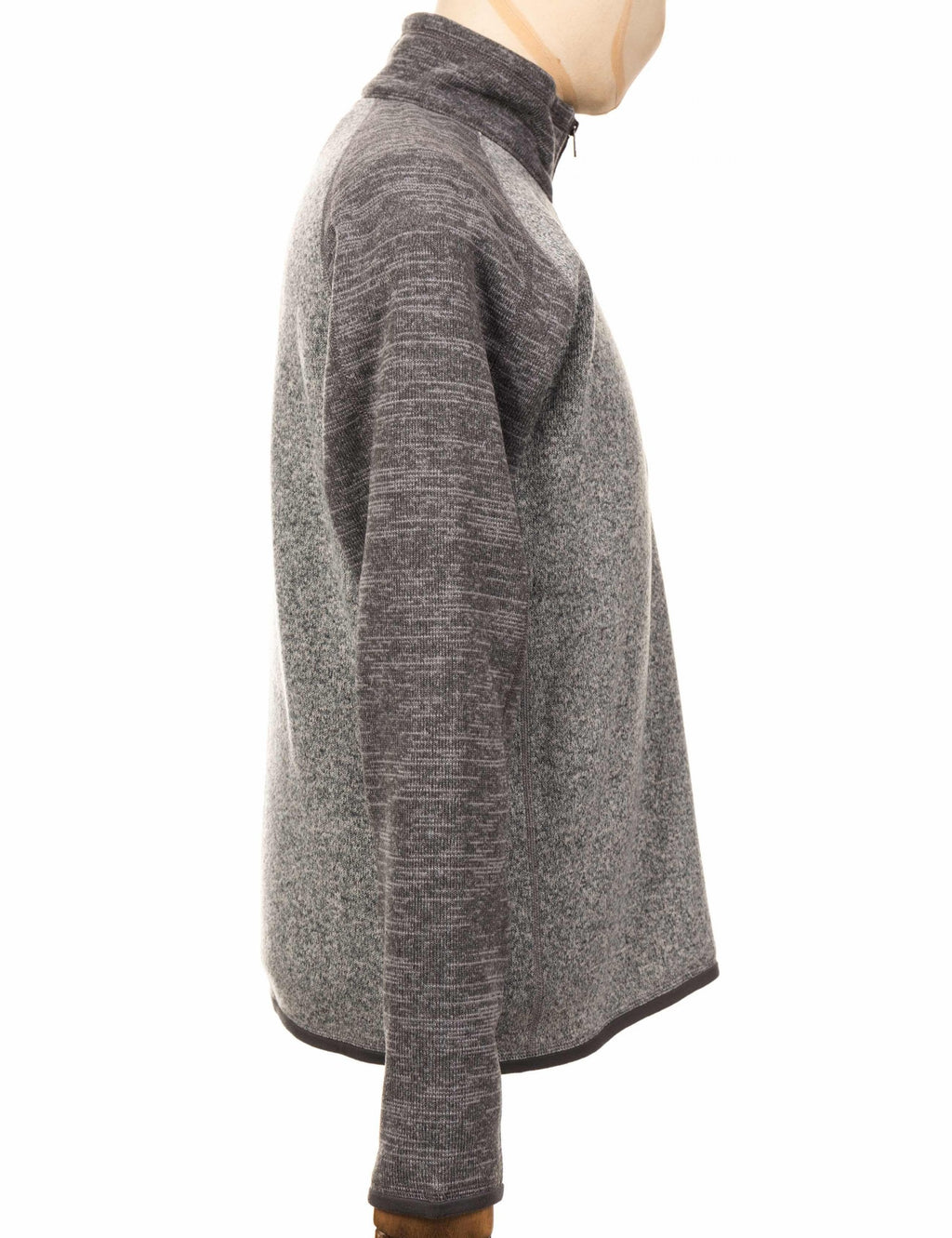 Heather gray 1/4 zip fleece pullover, side view with long sleeves and seams