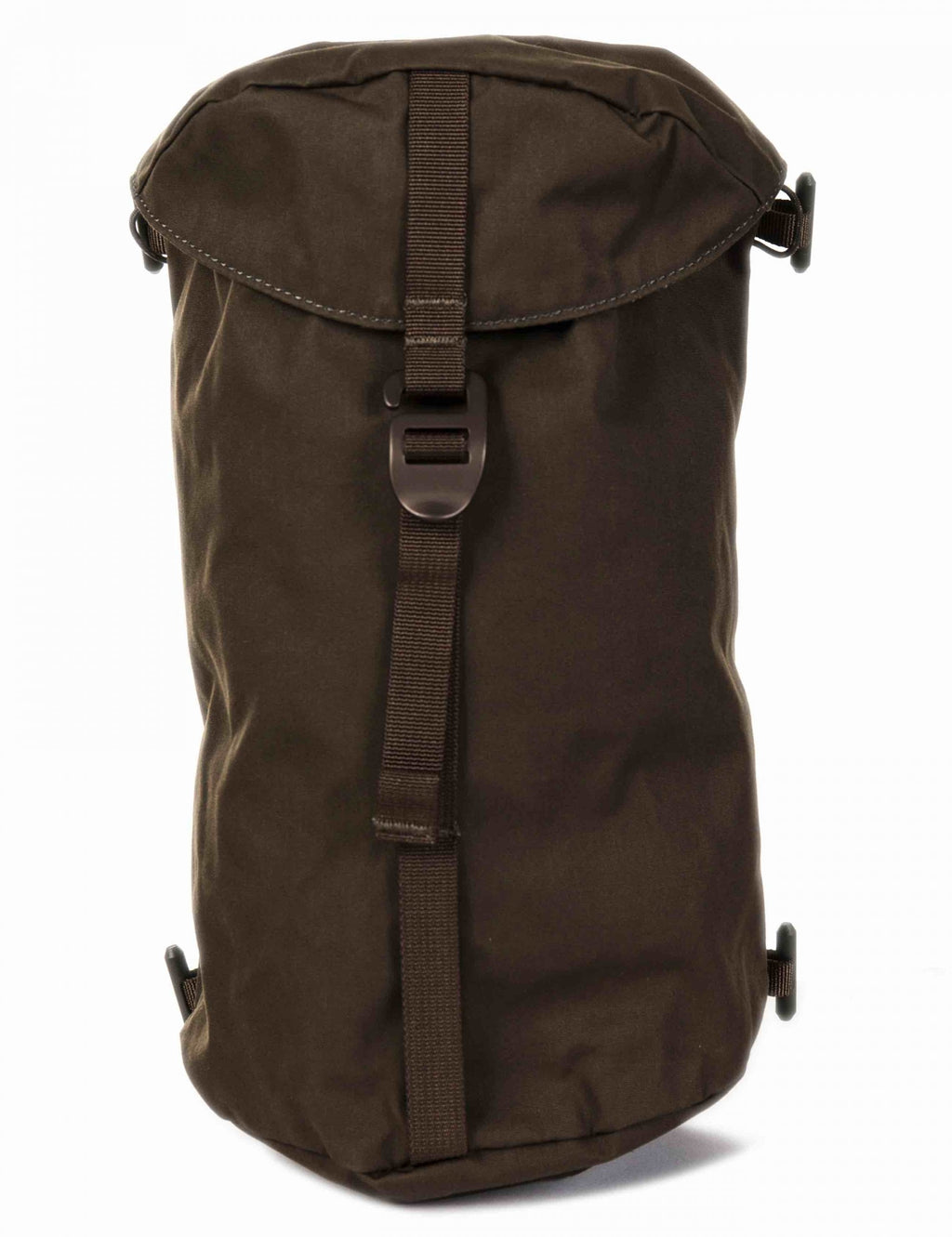 Dark olive canvas side pocket pouch with top flap and central buckle strap