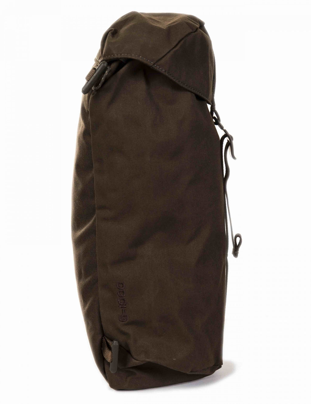 Dark olive canvas side pocket pouch, side view with zipper pull and loops
