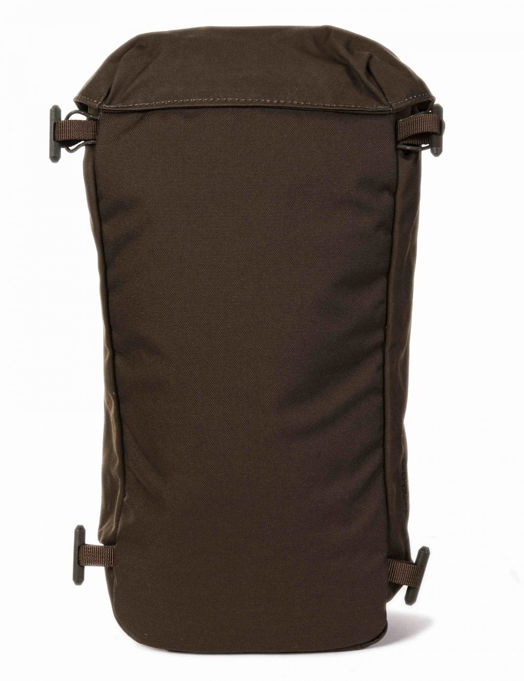 Dark olive canvas side pocket pouch, back view with two small fastening straps