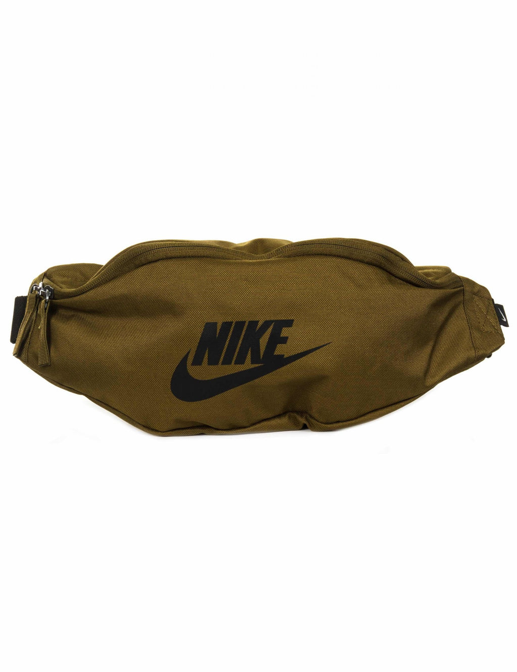 Olive small hip pack, front shows Nike swoosh logo and dual zipper pulls