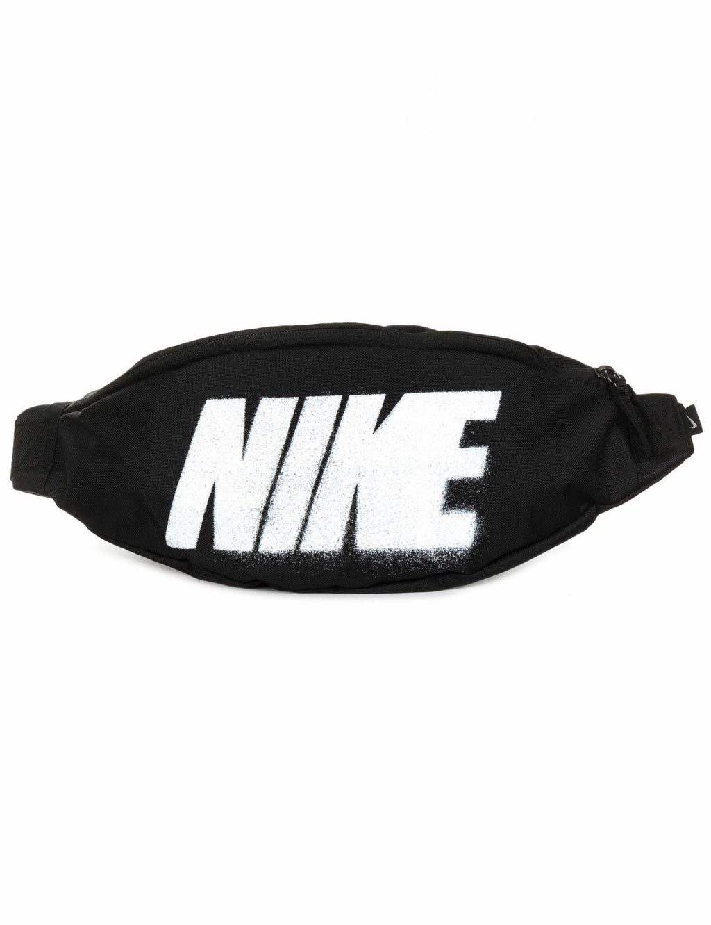 Black small hip pack with large white Nike logo lettering on front