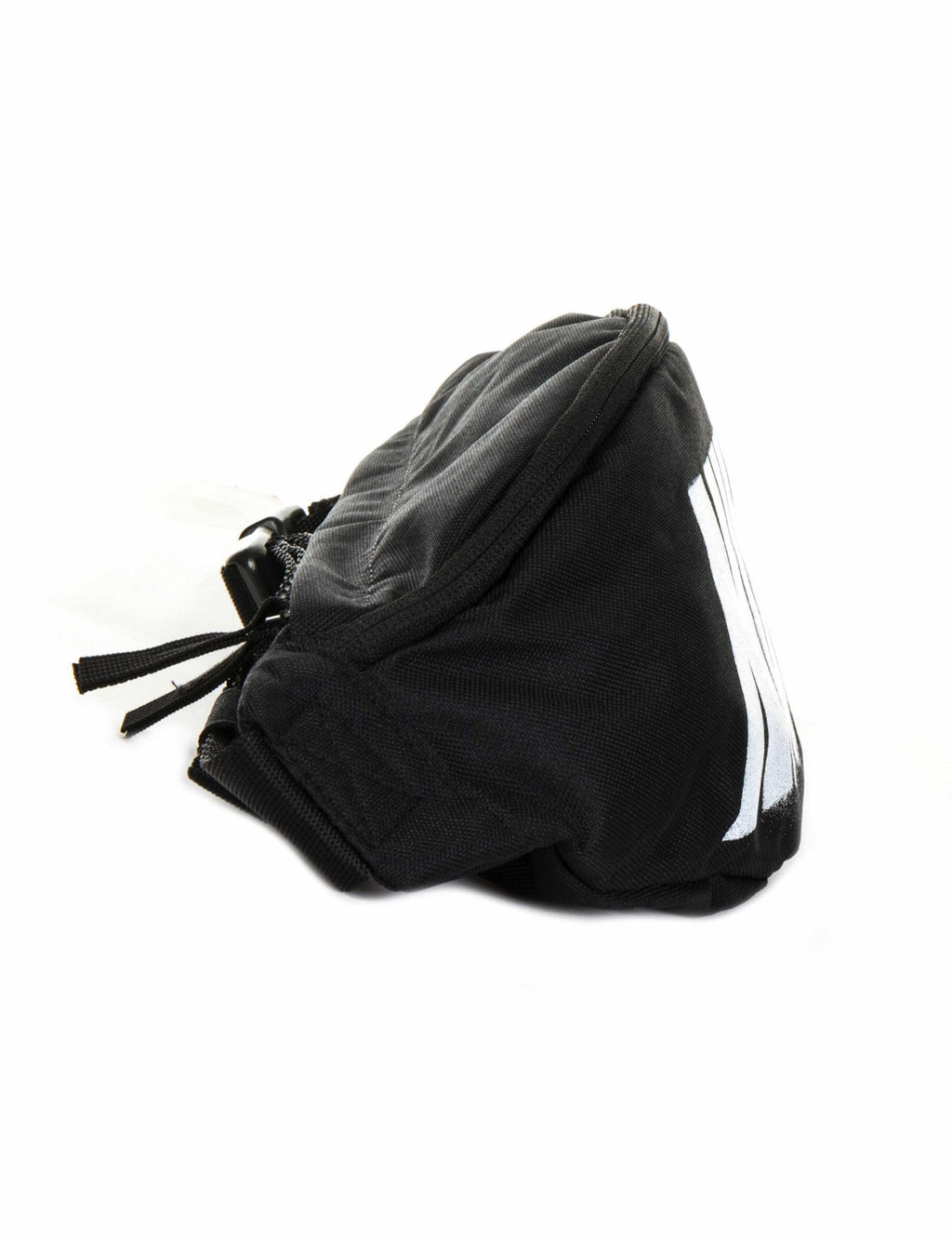 Black small hip pack with folded fabric and drawstring tie cords