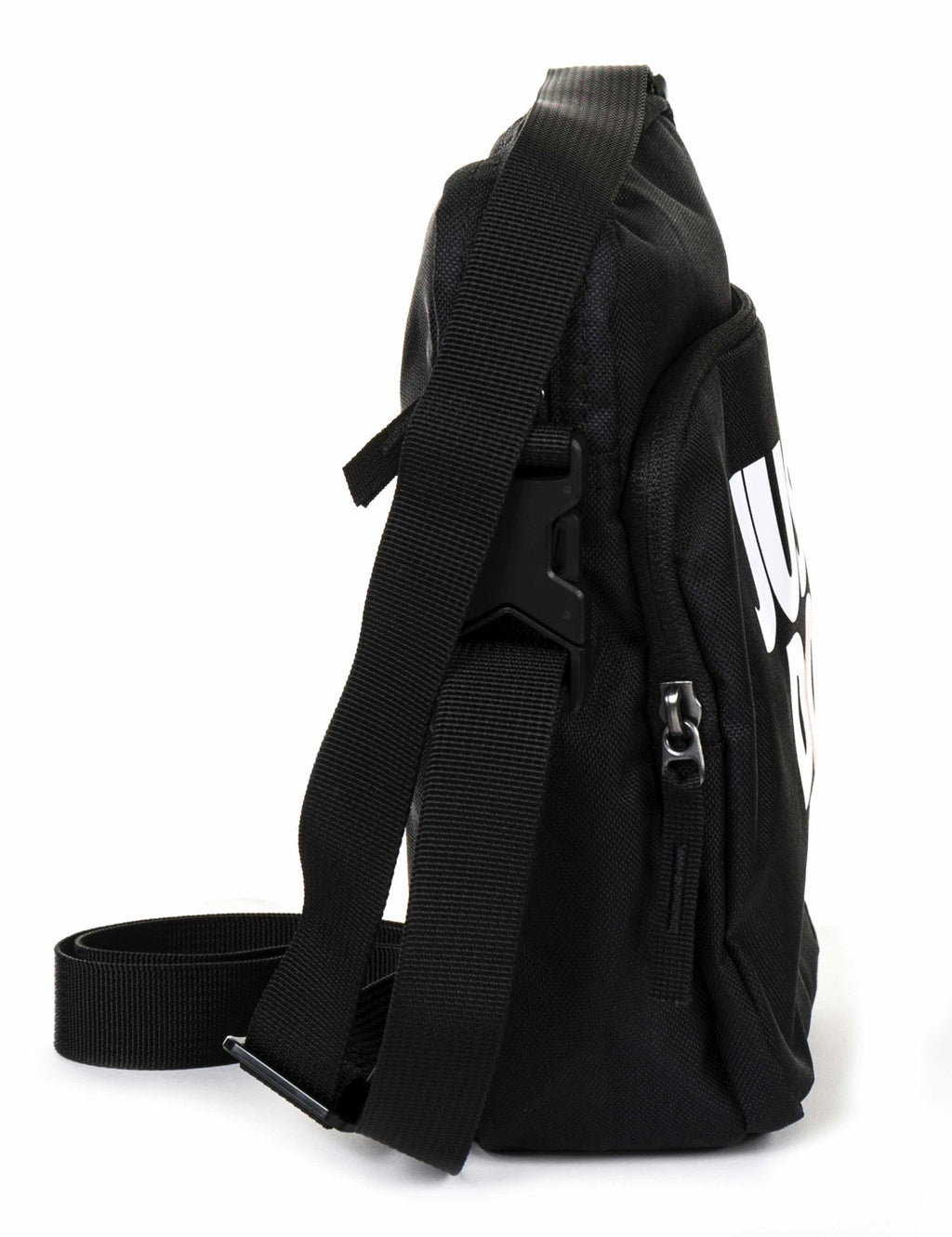Black small crossbody bag with wide strap and side graphic text