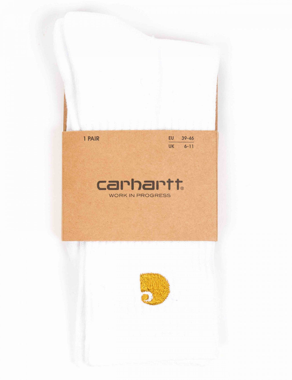 White crew socks with gold embroidered C logo, packaged as one pair
