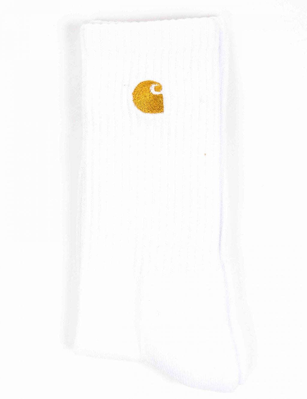 White crew socks with gold embroidered C logo near the ankle