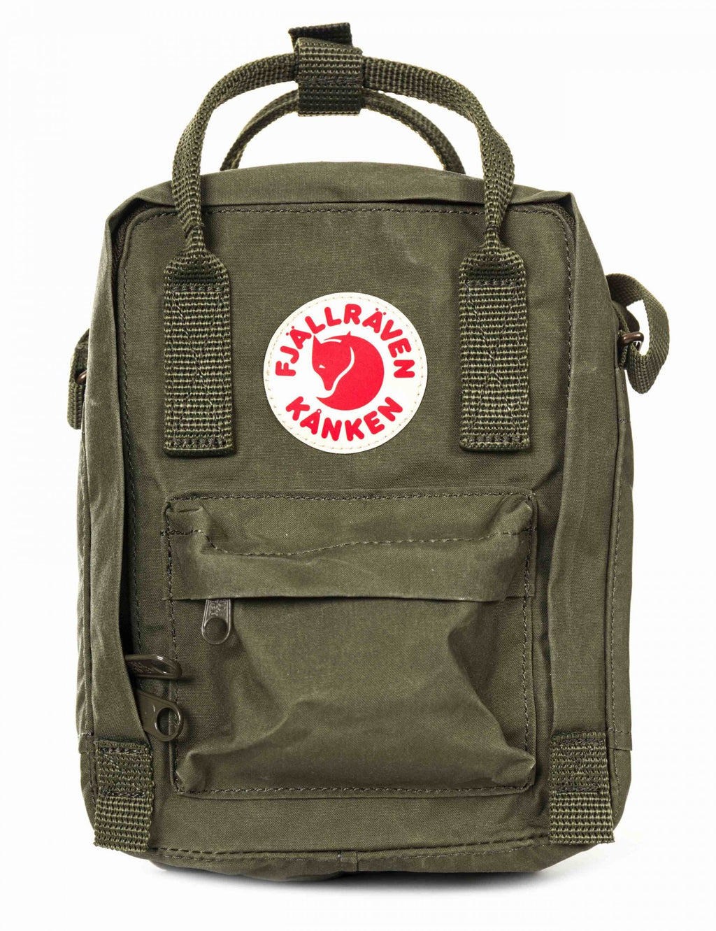 2.5L green sling bag with red Kanken logo patch and side loops
