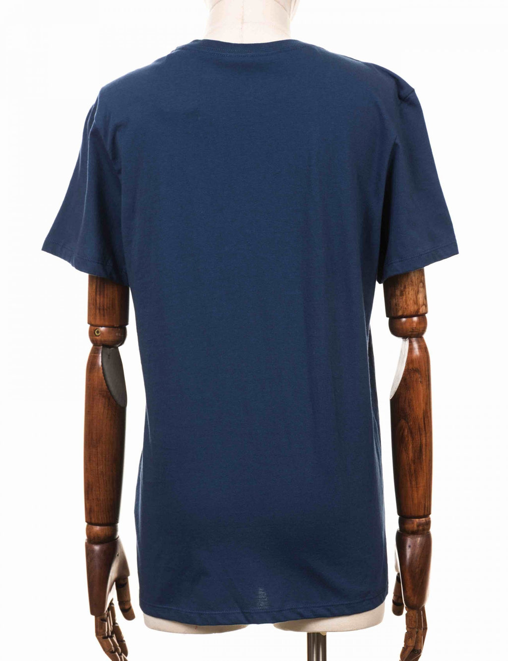Women's organic T-shirt, blue, back view with crew neck and short sleeves