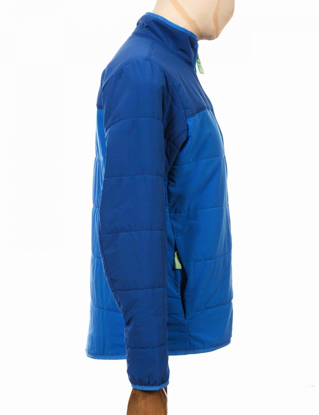 Blue packable puffer jacket sleeve with full-zip and quilted stitch lines
