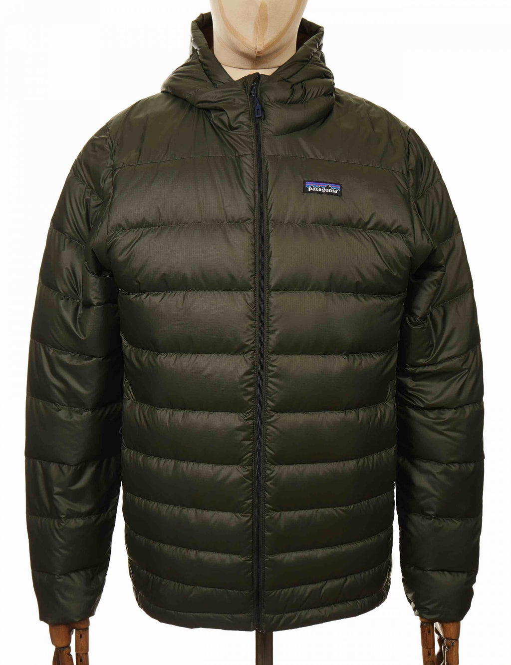 Dark green down hooded jacket with full zip and quilted baffles, side pockets
