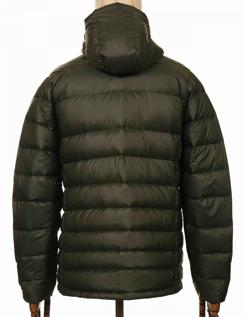 Dark green down hooded jacket, back view with hood and horizontal quilted panels