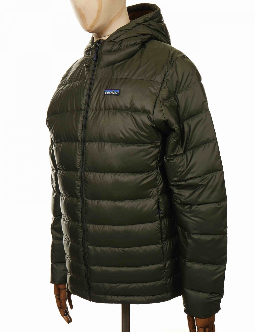 Dark green down hooded jacket with full zip, chest logo patch and side pockets