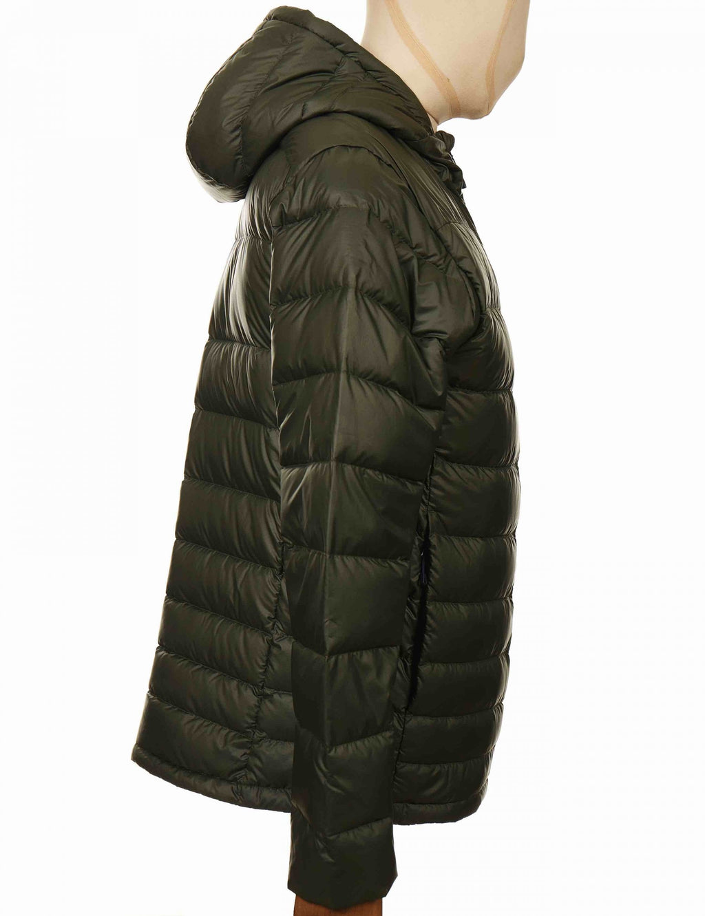 Dark green down hooded jacket, quilted sleeve and hem with full-length zip