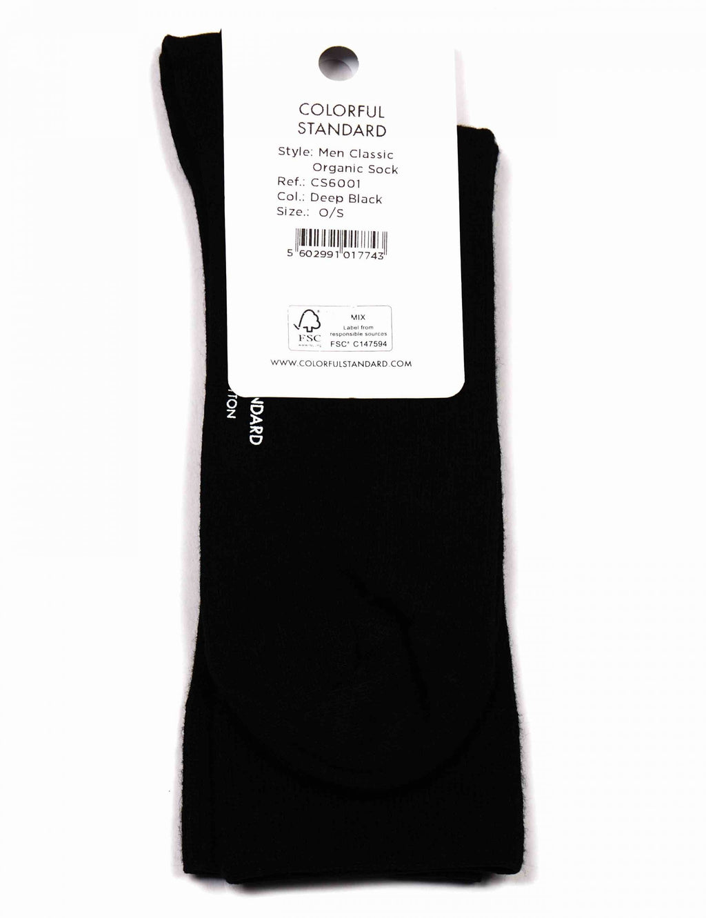Deep black organic sock on a card, ribbed top with cushioned heel