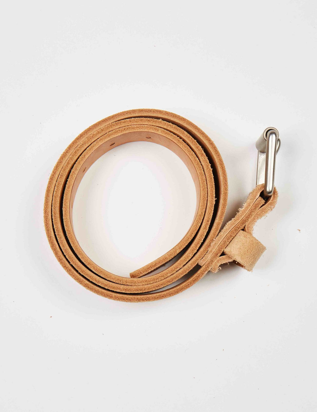 Suede leather belt loop with silver-tone buckle and eyelet strap, tan.