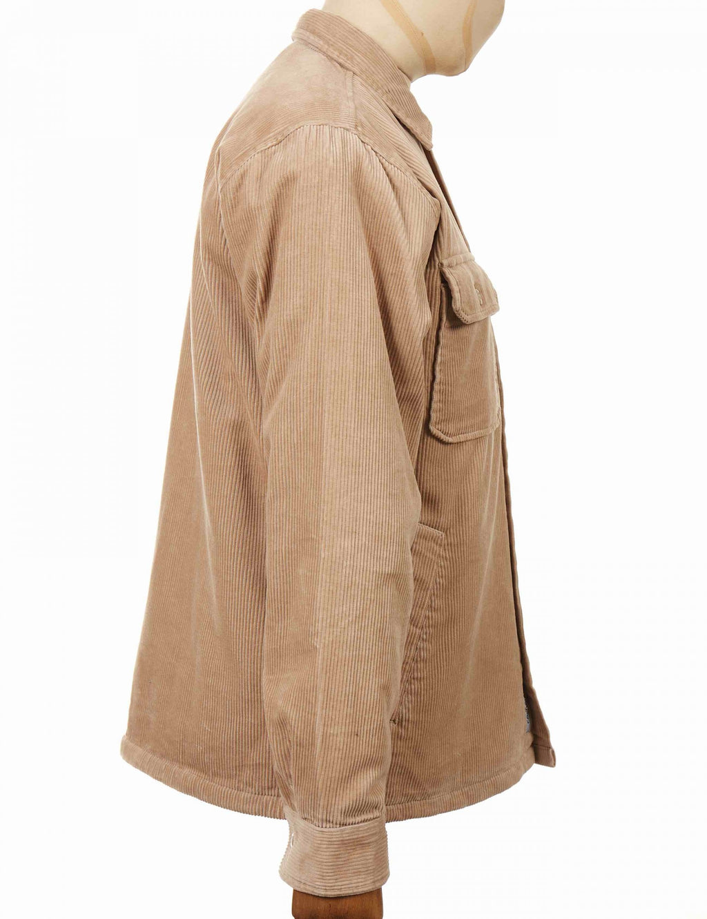Tan shirt jacket with button front and side sleeve pocket, angled side view.