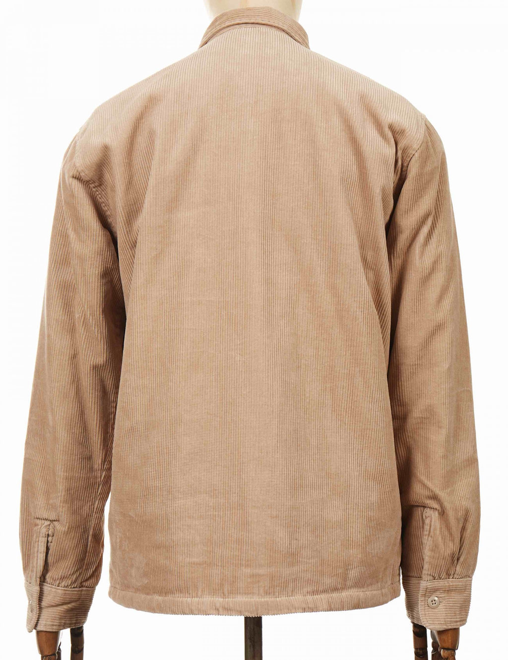 Tan shirt jacket back view with button-up collar and buttoned cuffs.