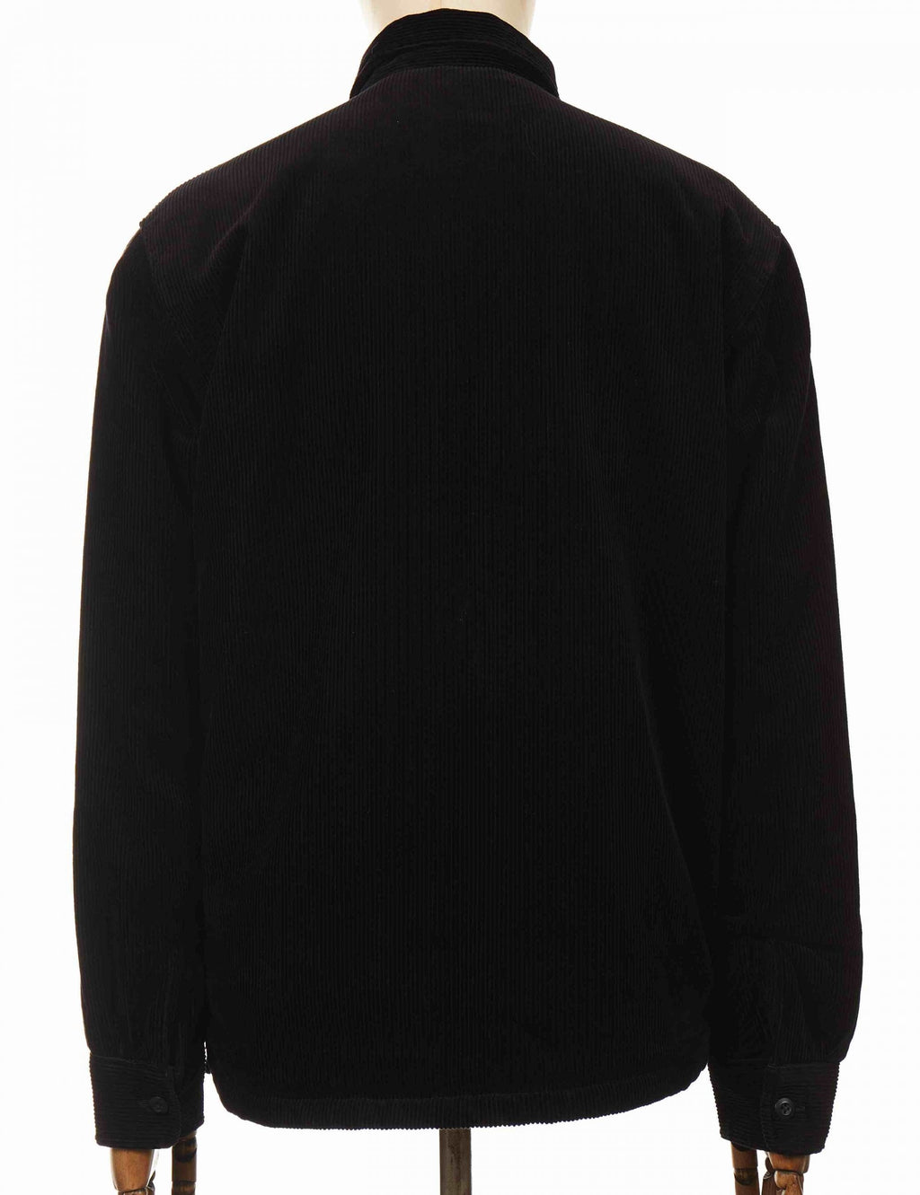 Black shirt-jacket back view with button cuffs and curved hem