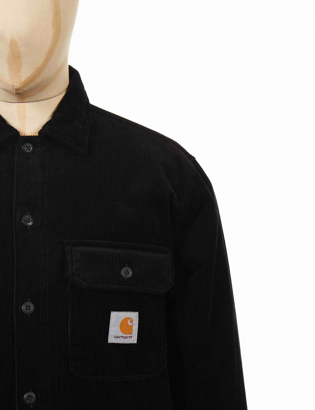 Black shirt-jacket with chest button pocket and logo patch detail