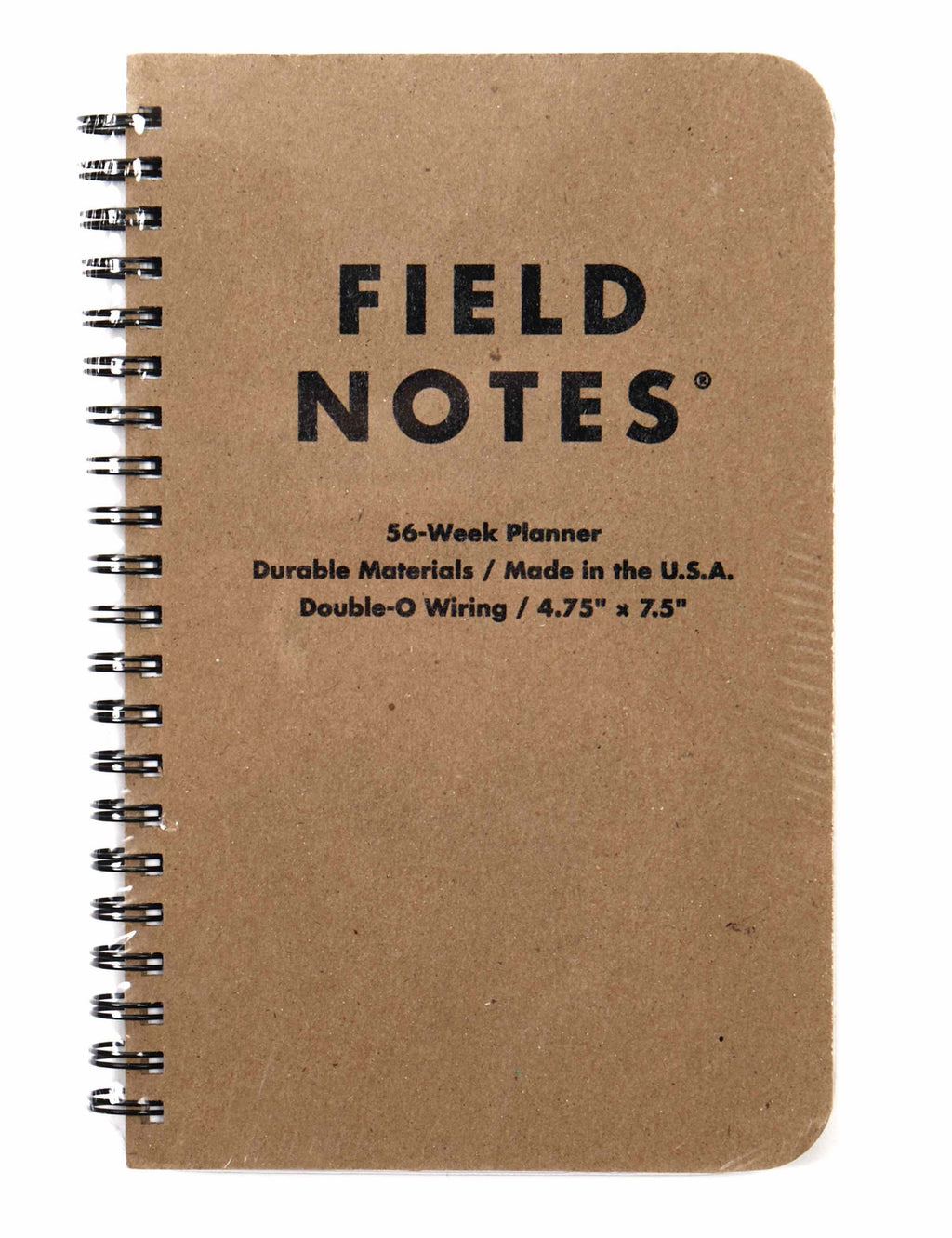 Brown Field Notes 56-week planner with black 'FIELD NOTES' cover and spiral binding