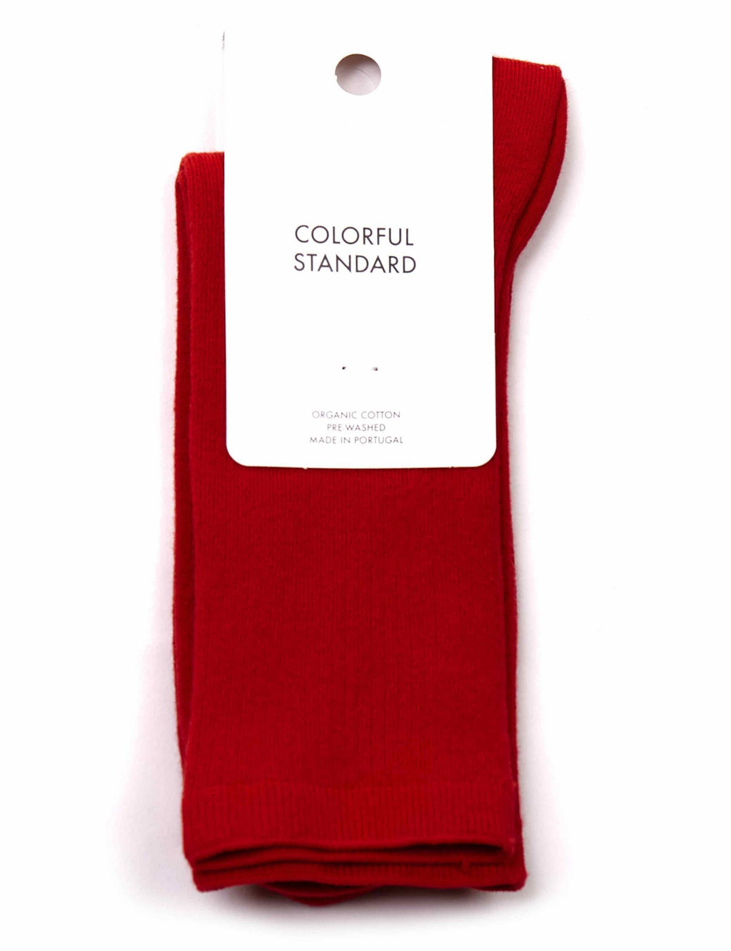 Women’s scarlet red crew socks on retail tag, ribbed knit cuff and foot