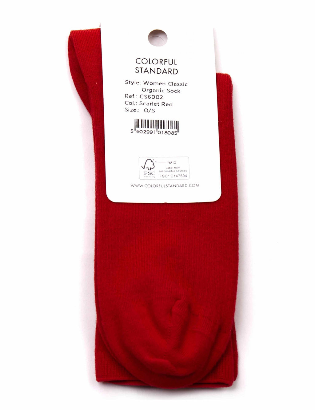 Women’s scarlet red crew socks with attached Colorful Standard tag